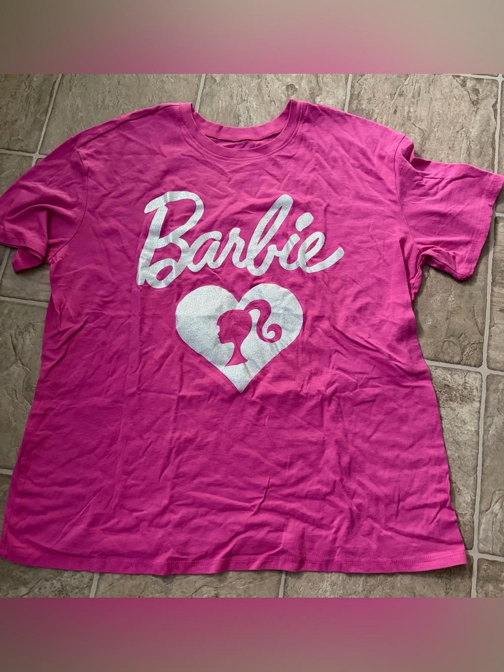 Juniors “Barbie” Pink Logo Heart Graphic Tee- NWOT (Runs small)